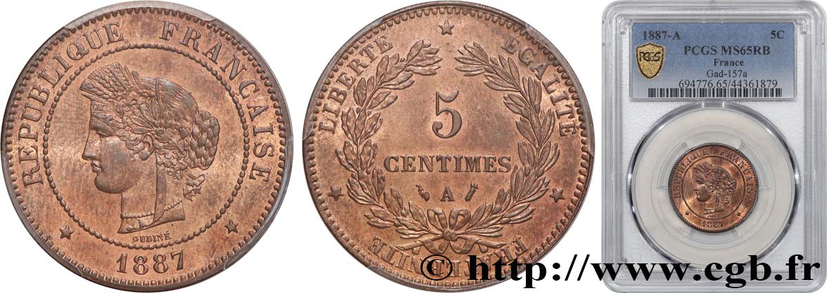 5 centimes Cérès 1887 Paris F.118/29 ST65 PCGS