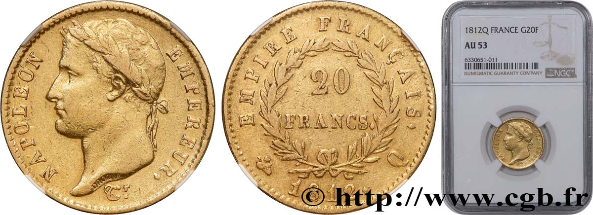 20 francs or Napoléon, tête laurée, Empire français 1812 Perpignan F.516/26 MBC53 NGC