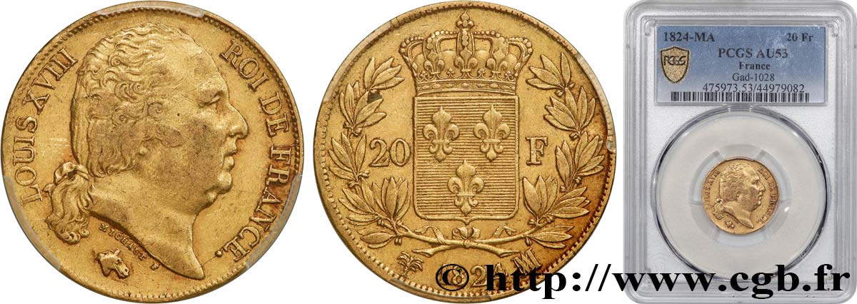 20 francs or Louis XVIII, tête nue 1824 Marseille F.519/32 SS53 PCGS
