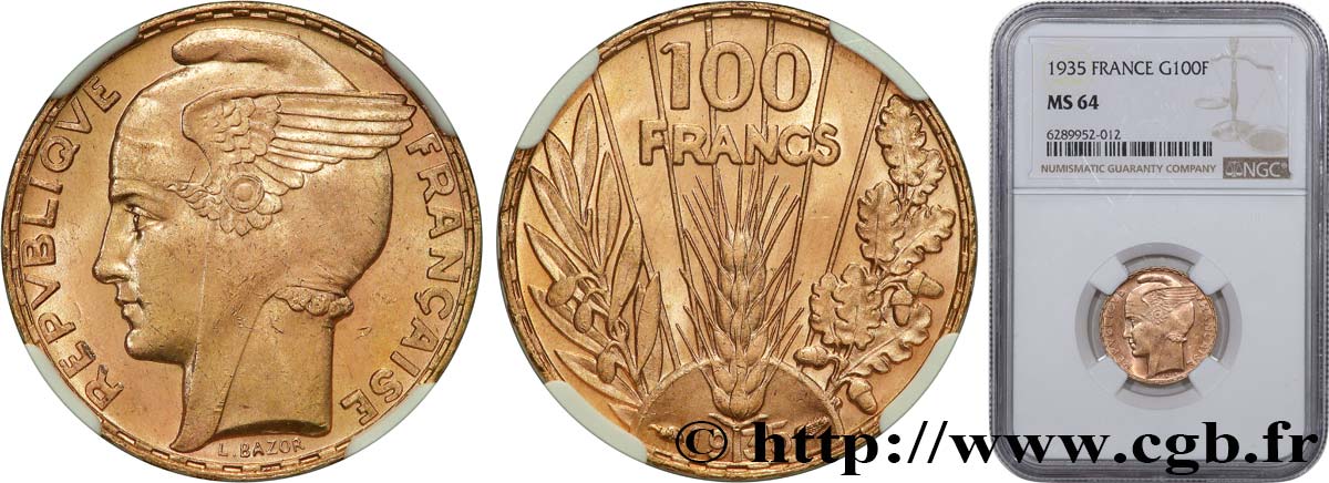 100 francs or, Bazor 1935 Paris F.554/6 MS64 NGC