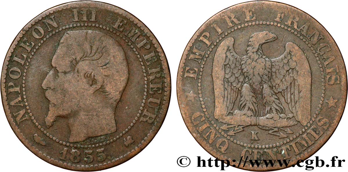 Cinq centimes Napoléon III, tête nue 1855 Bordeaux F.116/24 B 