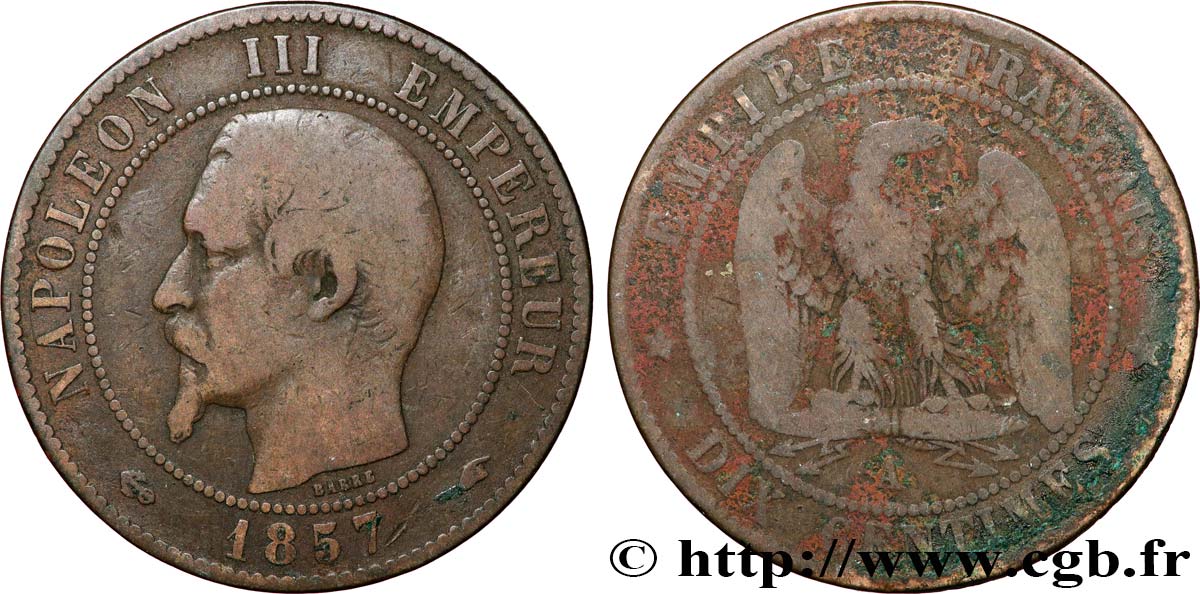 Dix centimes Napoléon III, tête nue 1857 Paris F.133/41 BC15 