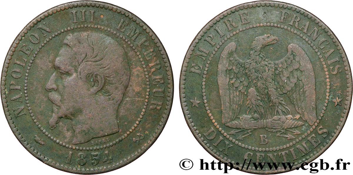 Dix centimes Napoléon III, tête nue 1854 Rouen F.133/12 TB20 