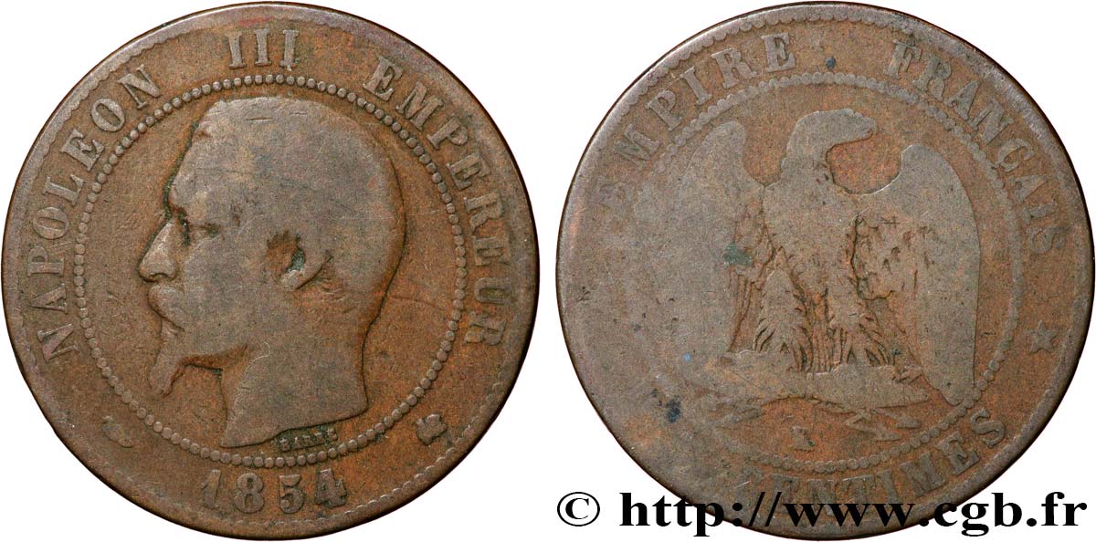 Dix centimes Napoléon III, tête nue 1854 Bordeaux F.133/16 F15 
