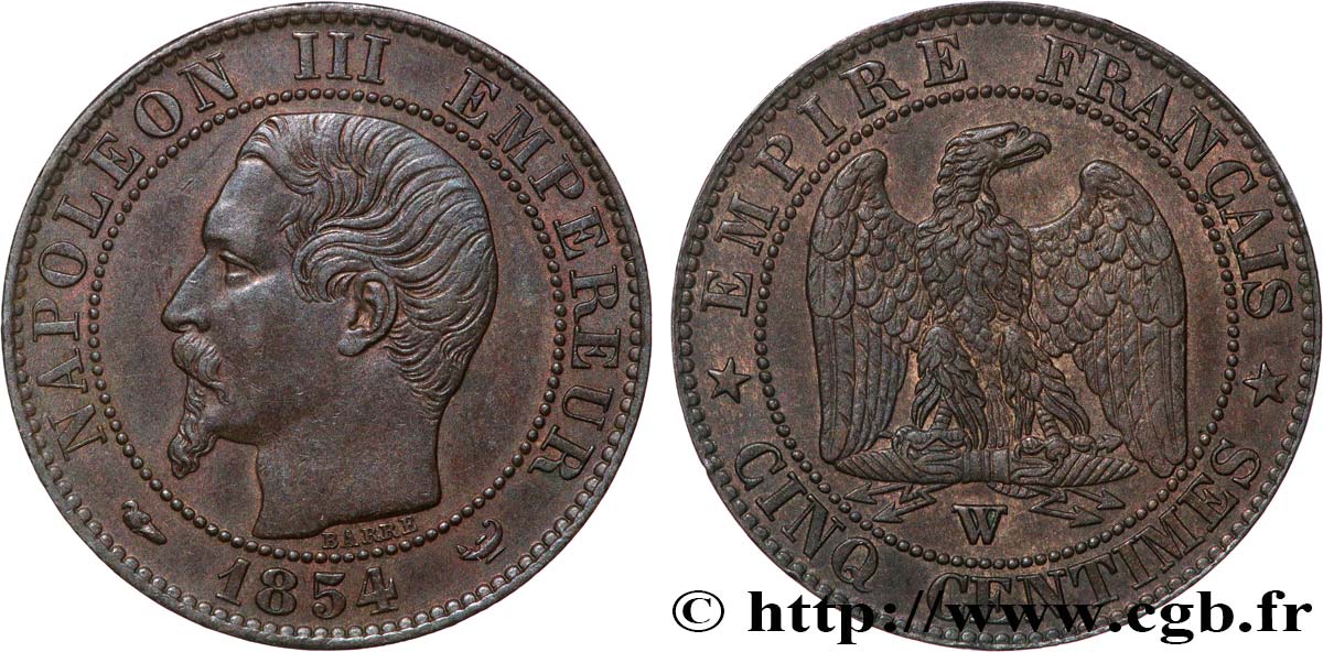 Cinq centimes Napoléon III, tête nue 1854 Lille F.116/15 VZ58 