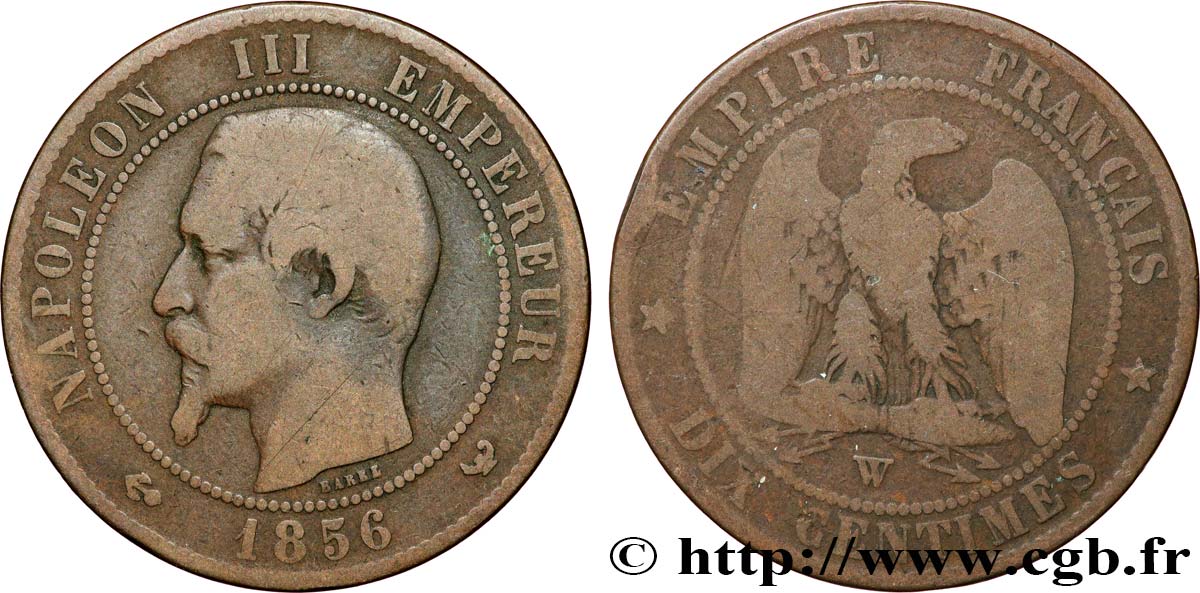 Dix centimes Napoléon III, tête nue 1856 Lille F.133/40 VF 
