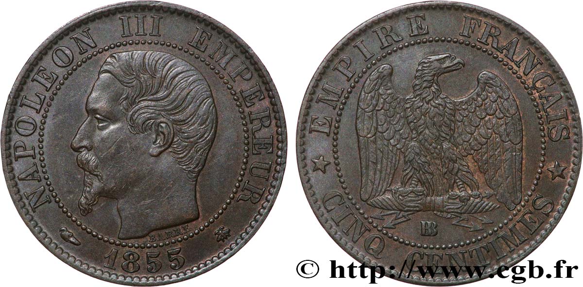 Cinq centimes Napoléon III, tête nue 1855 Strasbourg F.116/20 fVZ 