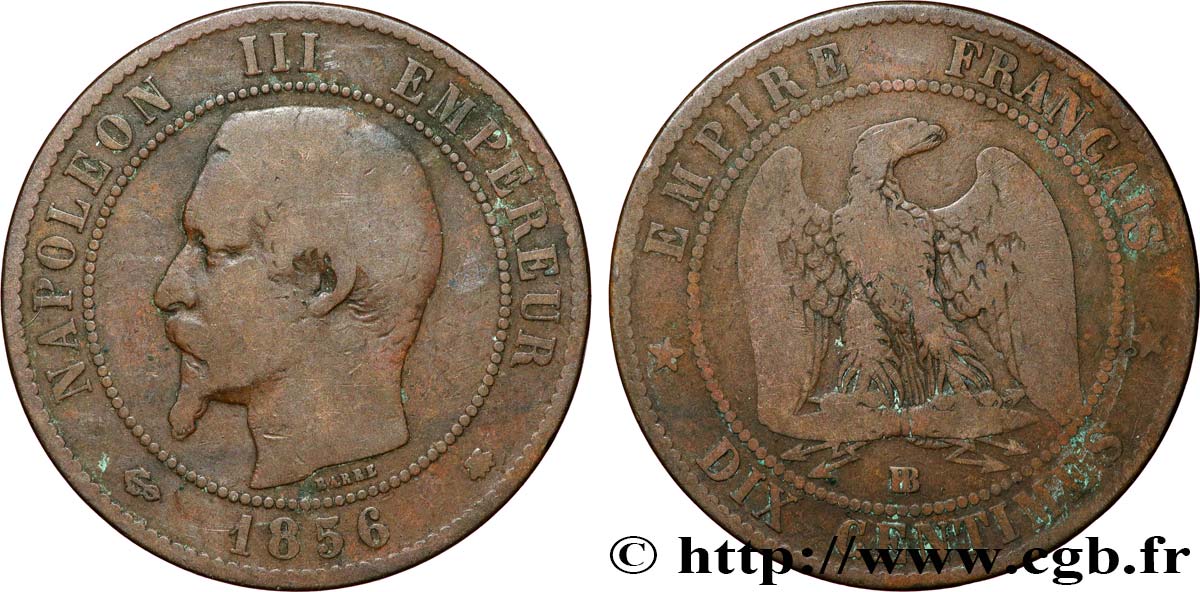Dix centimes Napoléon III, tête nue 1856 Strasbourg F.133/36 TB15 