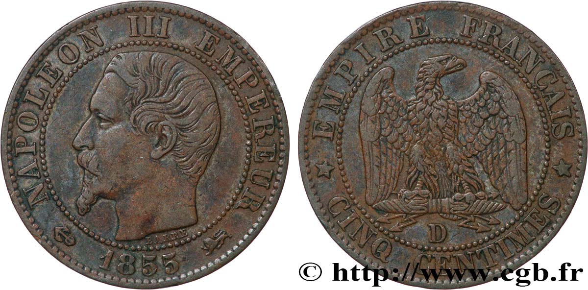 Cinq centimes Napoléon III, tête nue 1855 Lyon F.116/23 MBC 