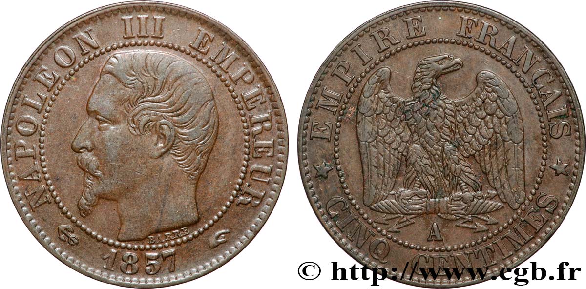 Cinq centimes Napoléon III, tête nue 1857 Paris F.116/37 AU 