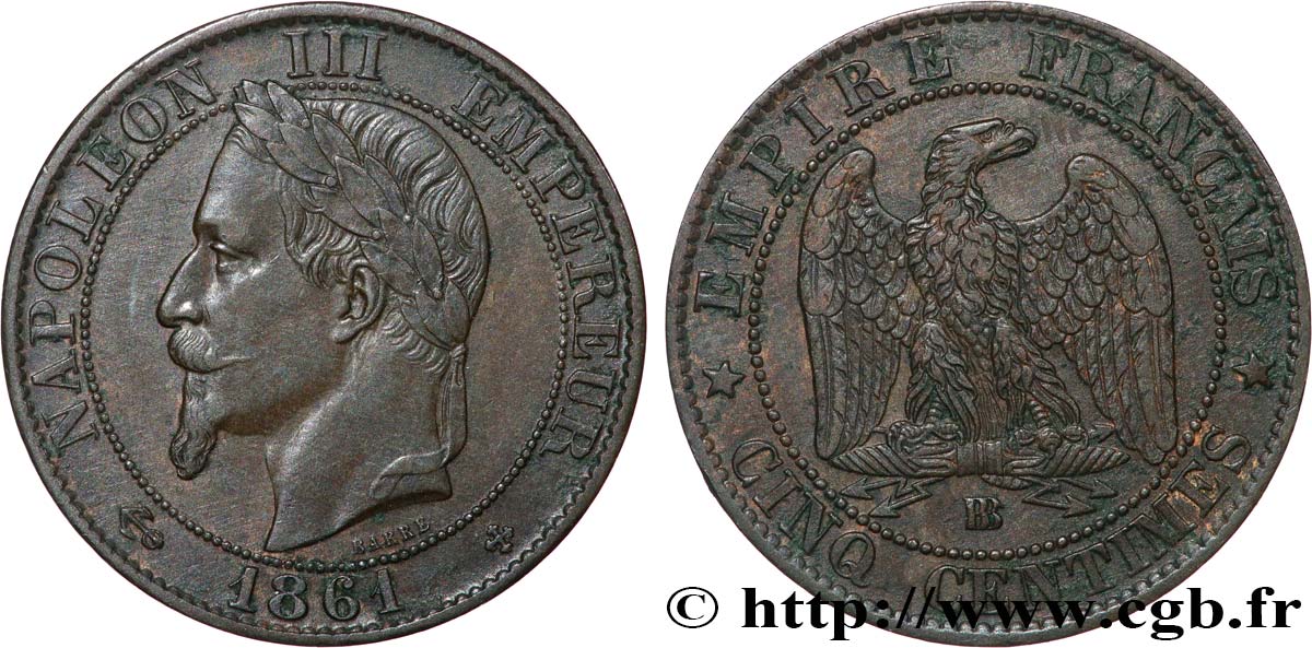 Cinq centimes Napoléon III, tête laurée 1861 Strasbourg F.117/5 AU53 