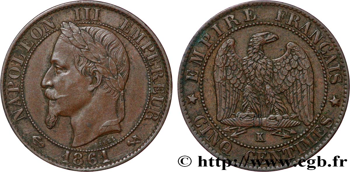 Cinq centimes Napoléon III, tête laurée 1861 Bordeaux F.117/6 q.SPL 