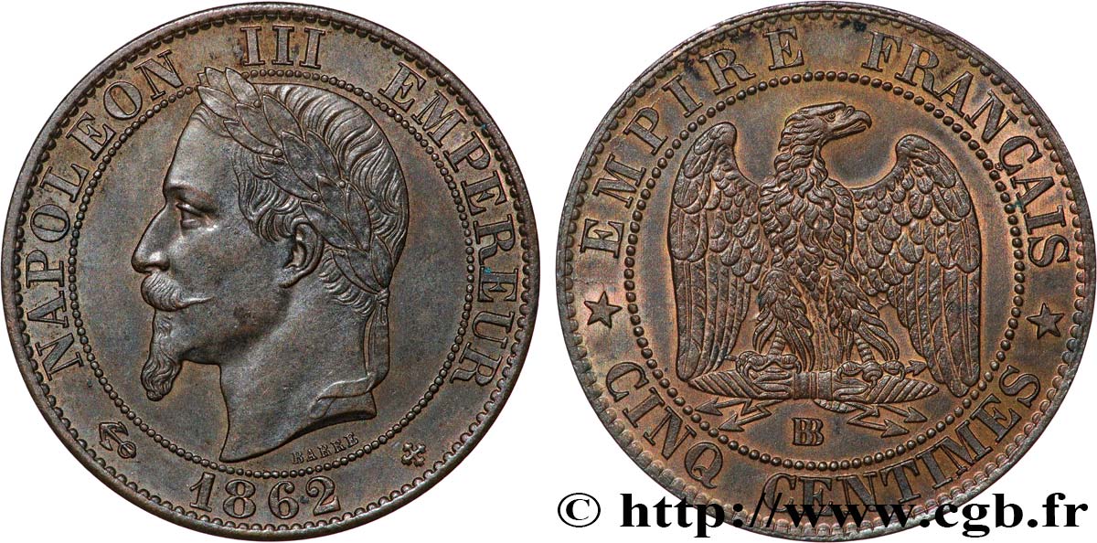 Cinq centimes Napoléon III, tête laurée 1862 Strasbourg F.117/8 SUP 