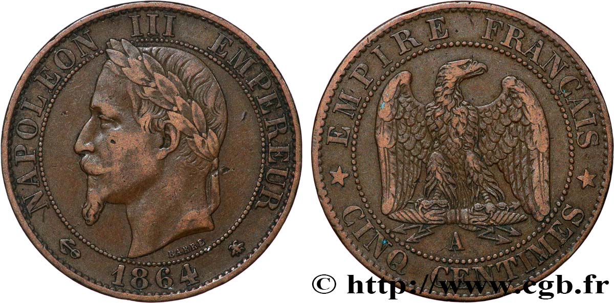 Cinq centimes Napoléon III, tête laurée 1864 Paris F.117/13 BC35 