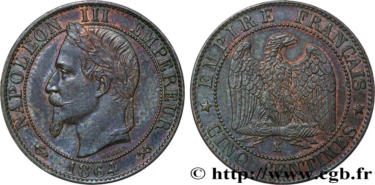 Cinq centimes Napoléon III, tête laurée 1864 Bordeaux F.117/15 SPL 