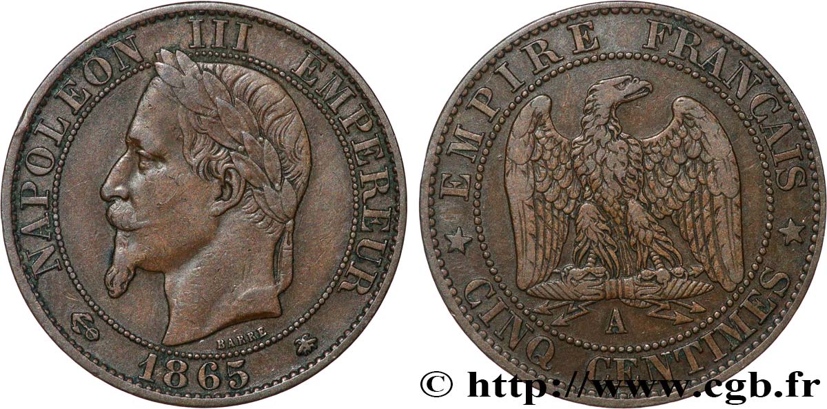 Cinq centimes Napoléon III, tête laurée 1865 Paris F.117/16 VF35 
