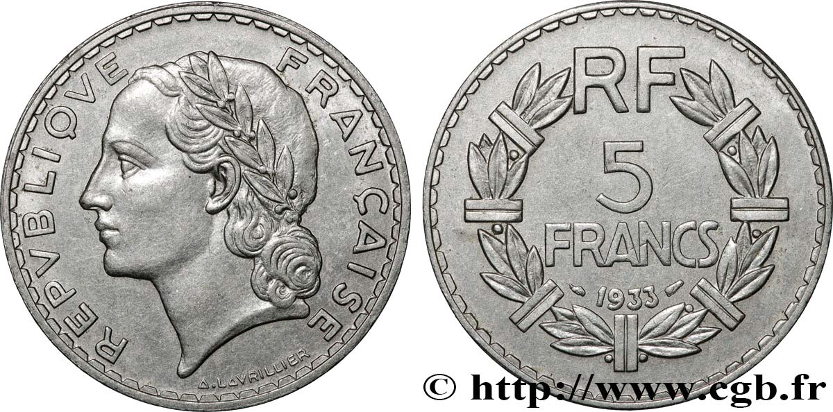 5 francs Lavrillier, nickel 1933  F.336/2 TTB+ 