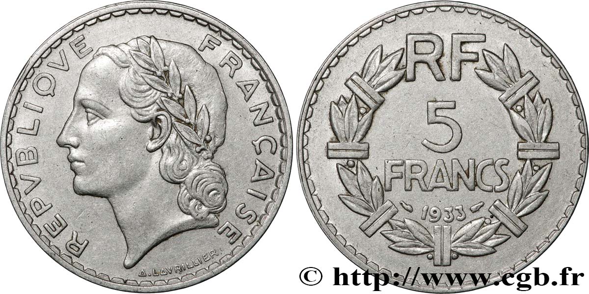 5 francs Lavrillier, nickel 1933  F.336/2 XF 