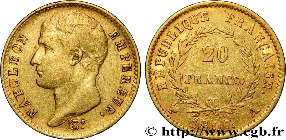 20 francs Napoléon tête nue, type transitoire 1807 Paris F.514/1 TTB 