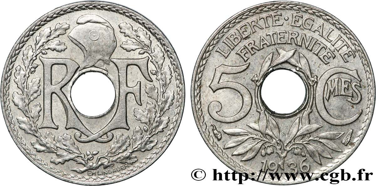 5 centimes Lindauer, petit module 1936 Paris F.122/19 VF 