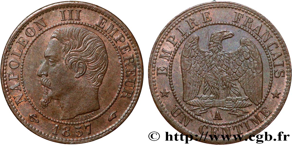 Un centime Napoléon III, tête nue 1857 Paris F.102/33 SUP58 