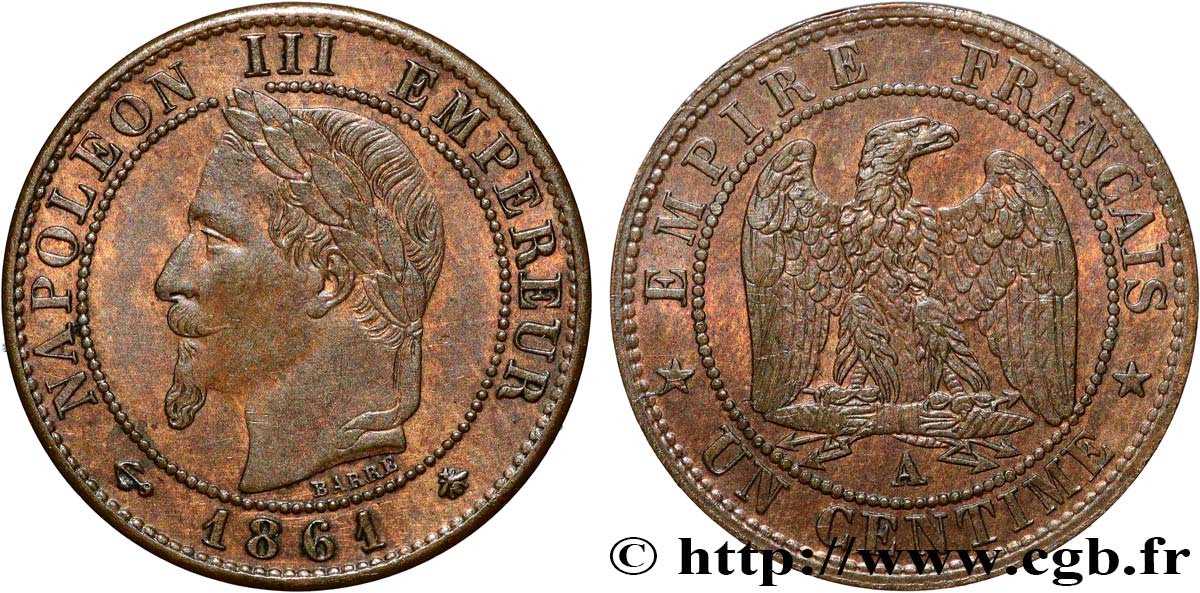 Un centime Napoléon III, tête laurée 1861 Paris F.103/1 q.SPL/SPL 