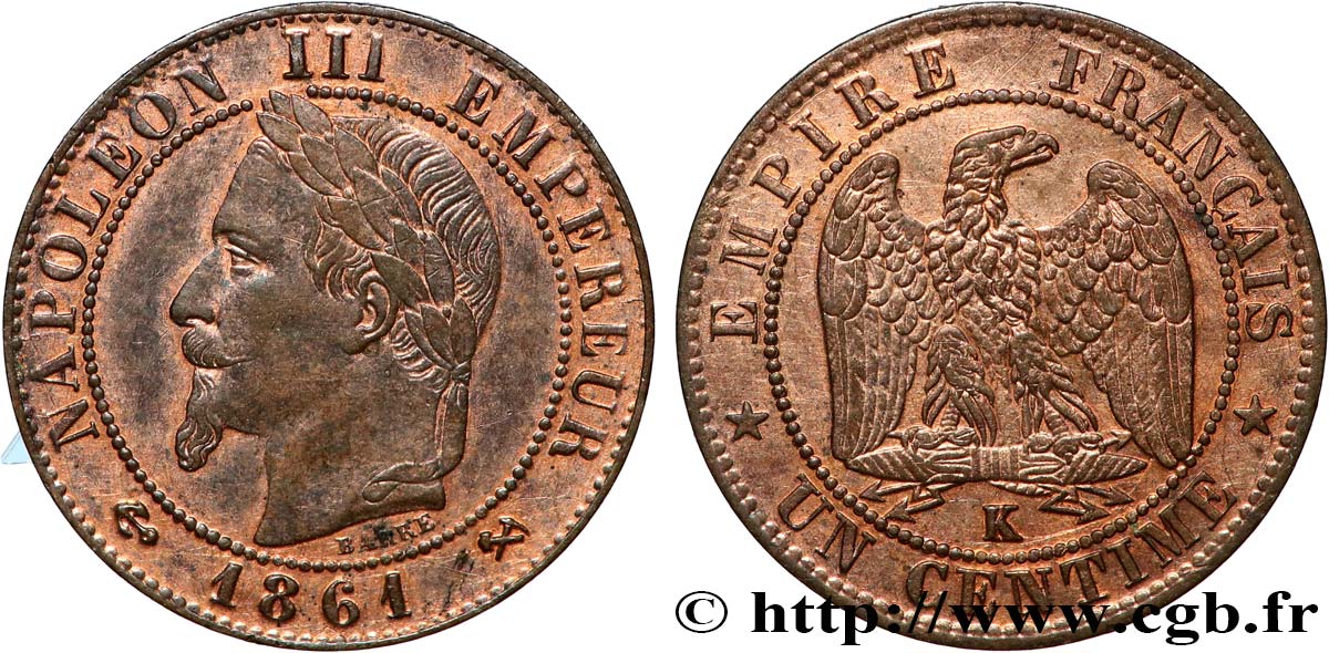 Un centime Napoléon III, tête laurée 1861 Bordeaux F.103/3 AU 