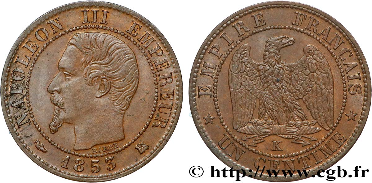 Un centime Napoléon III, tête nue 1853 Bordeaux F.102/5 AU58 