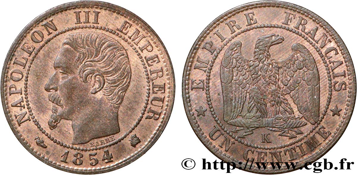 Un centime Napoléon III, tête nue 1854 Bordeaux F.102/13 SUP62 