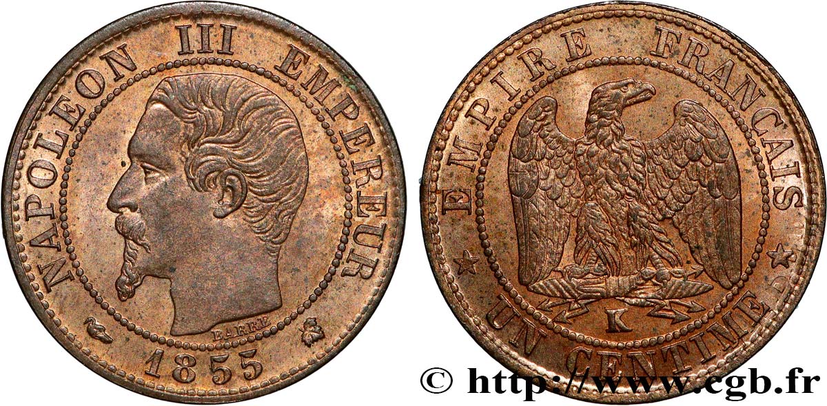 Un centime Napoléon III, tête nue 1855 Bordeaux F.102/22 SPL63 