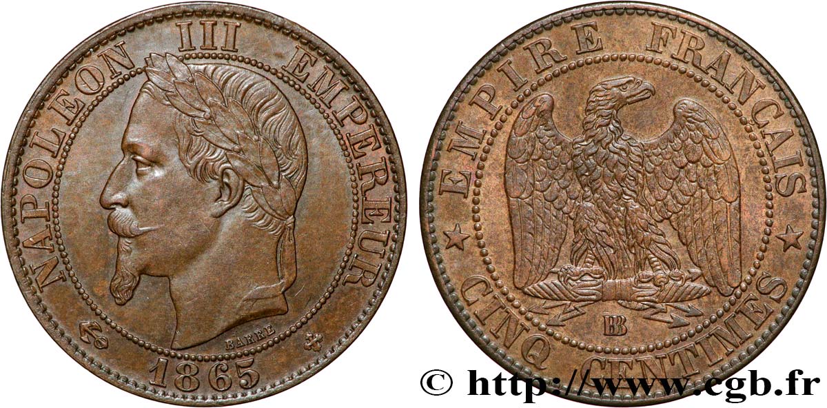 Cinq centimes Napoléon III, tête laurée 1865 Strasbourg F.117/17 AU58 