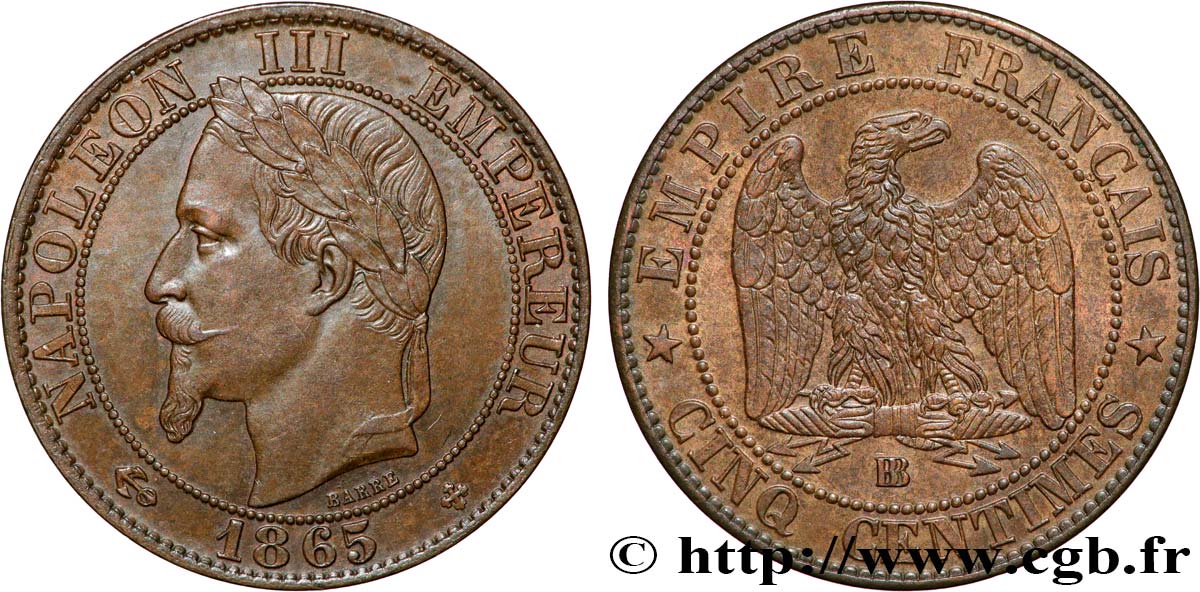 Cinq centimes Napoléon III, tête laurée 1865 Strasbourg F.117/17 SUP58 