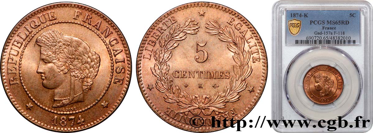 5 centimes Cérès 1874 Bordeaux F.118/10 MS65 PCGS