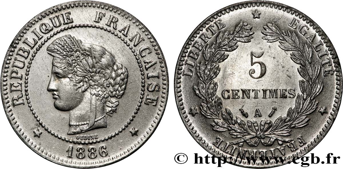 5 centimes Cérès, nickelée 1886 Paris F.118/28 var. SUP 