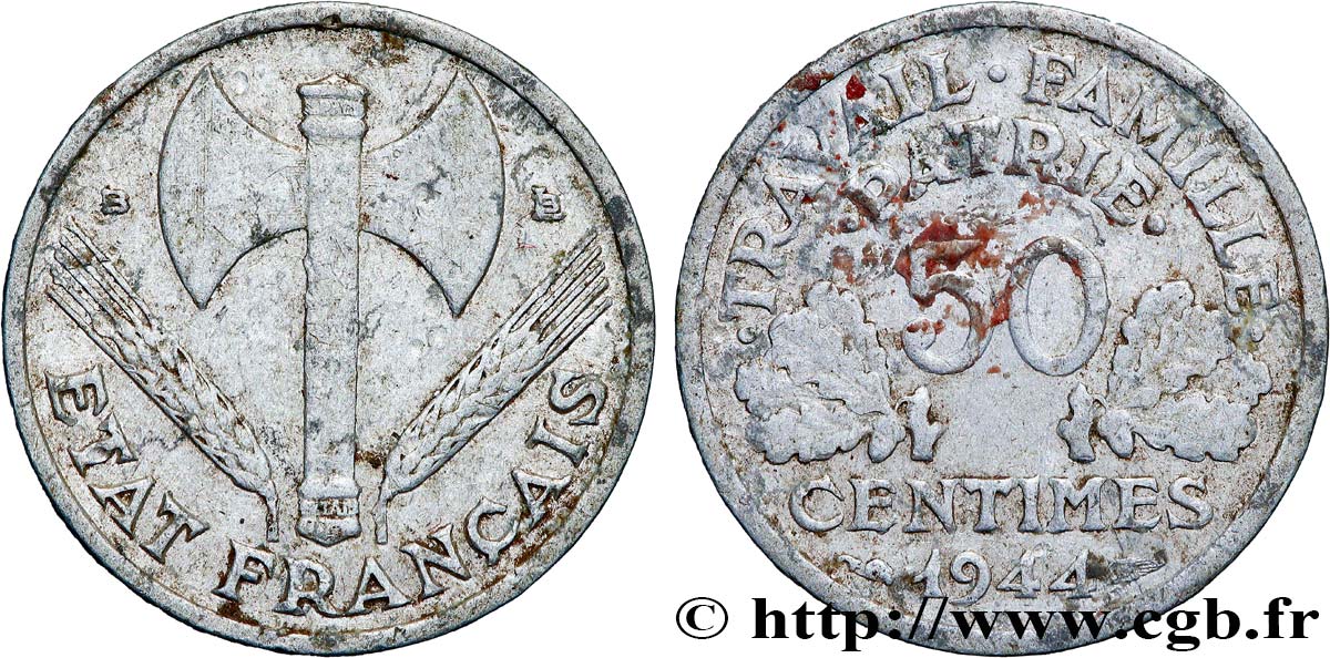 50 centimes Francisque, légère 1944 Beaumont-Le-Roger F.196/5 VG 