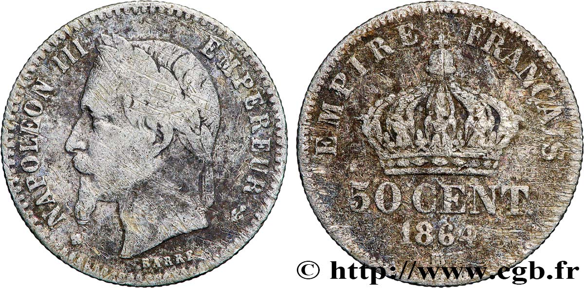 50 centimes Napoléon III, tête laurée 1864 Strasbourg F.188/3 F 