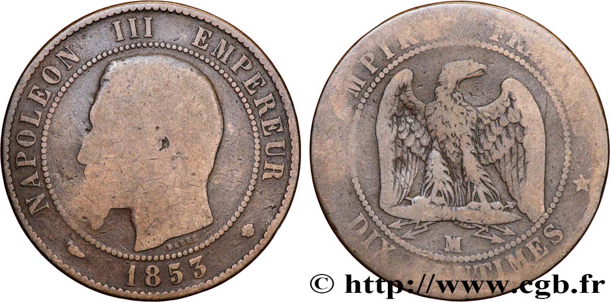 Dix Centimes Napoléon III tête nue 1853 Marseille F.133/8 B 