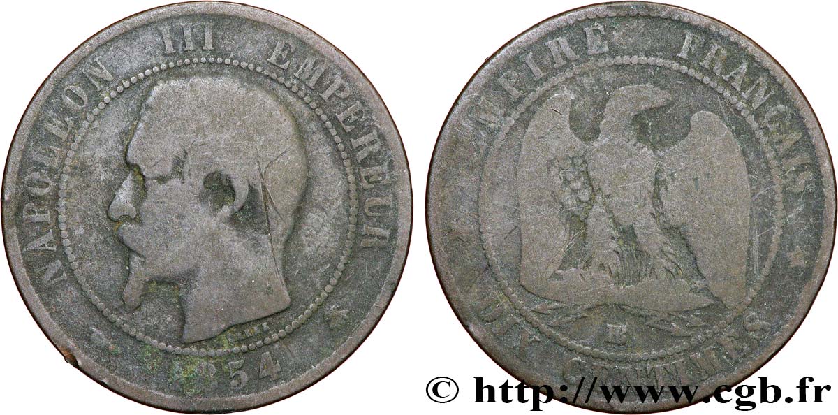 Dix centimes Napoléon III, tête nue 1854 Strasbourg F.133/14 VG8 