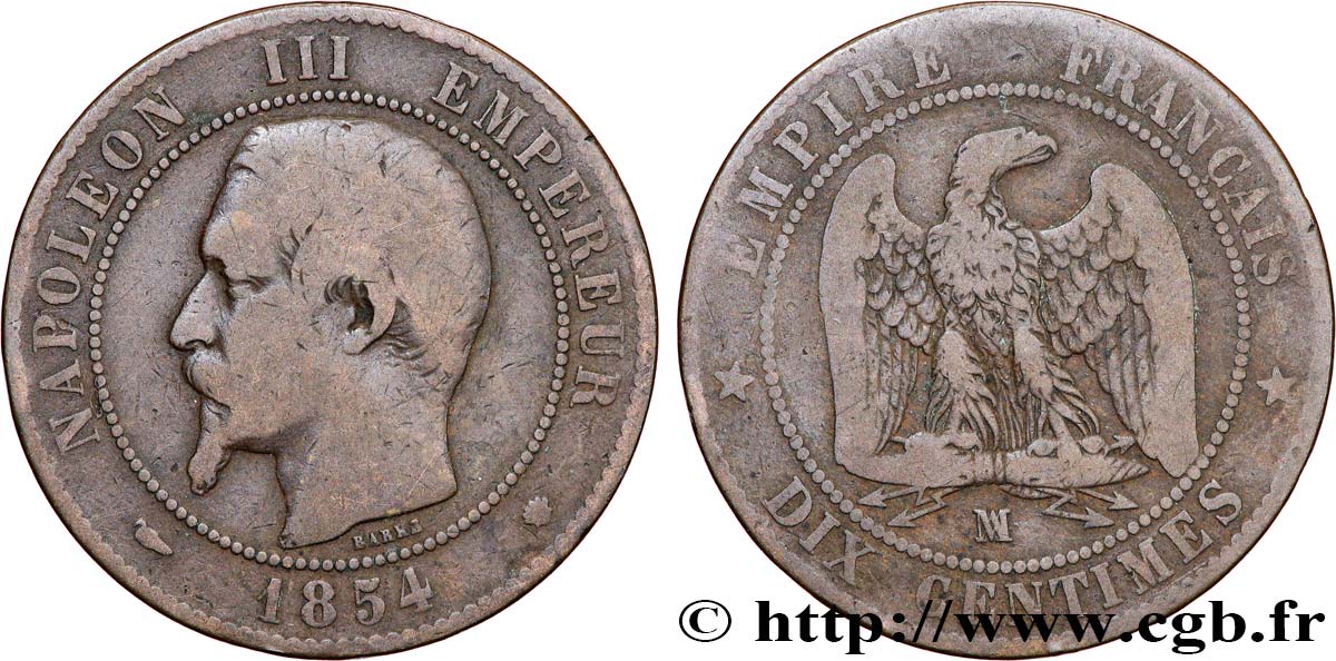 Dix centimes Napoléon III, tête nue 1854 Marseille F.133/17 VF 