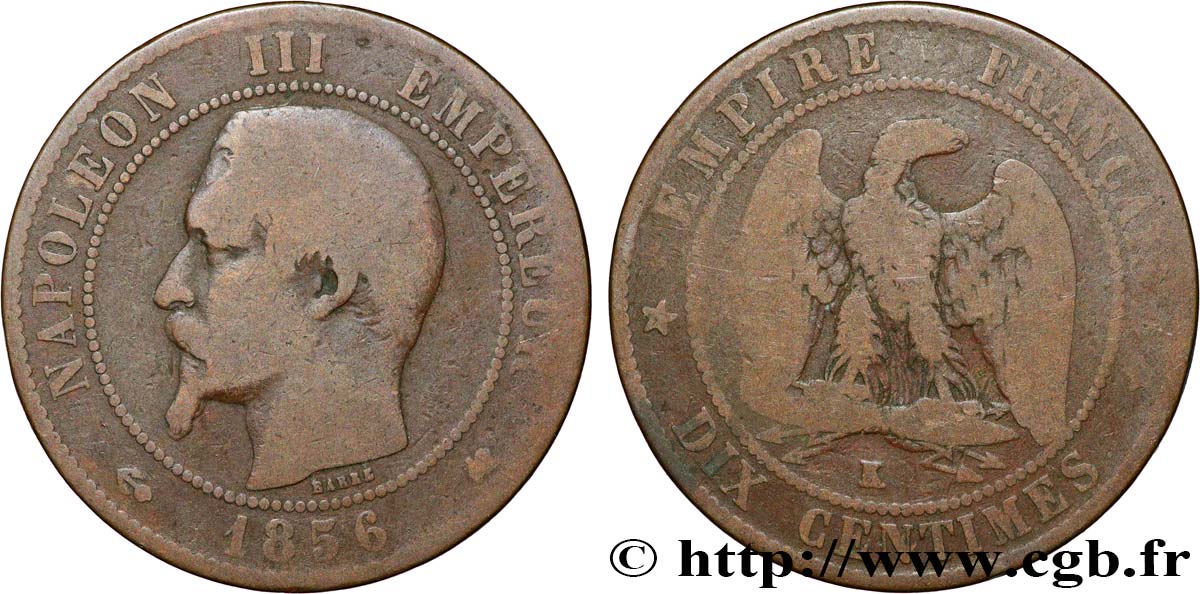 Dix centimes Napoléon III, tête nue 1856 Bordeaux F.133/38 B+ 