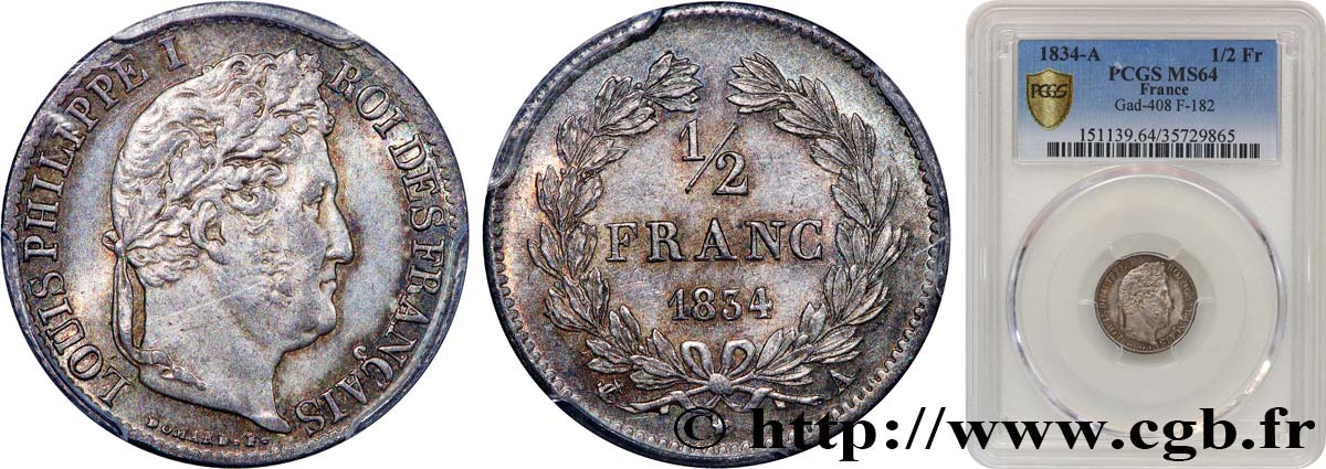 1/2 franc Louis-Philippe 1834 Paris F.182/40 SPL64 PCGS