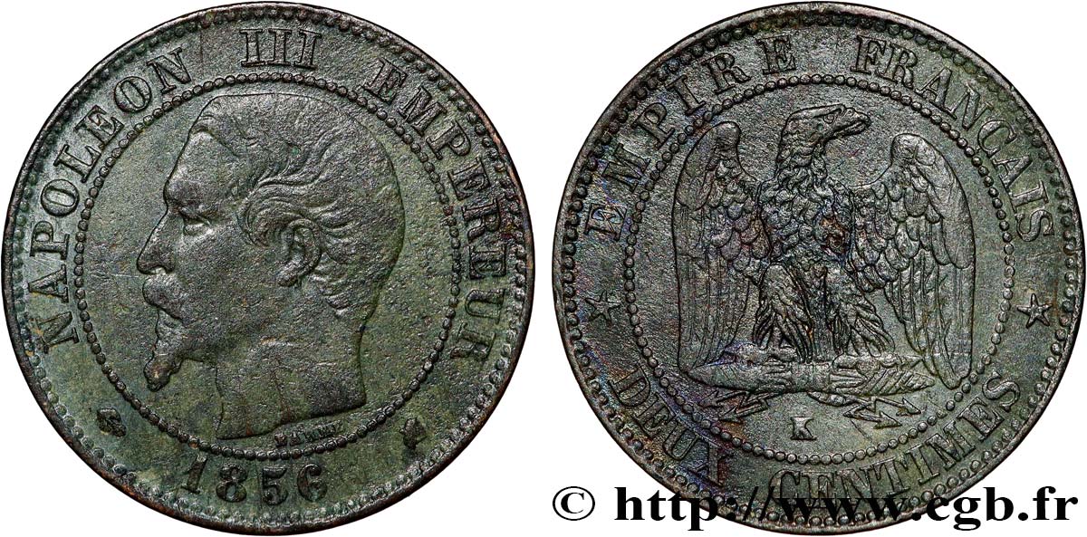 Deux centimes Napoléon III, tête nue 1856 Bordeaux F.107/41 TB 