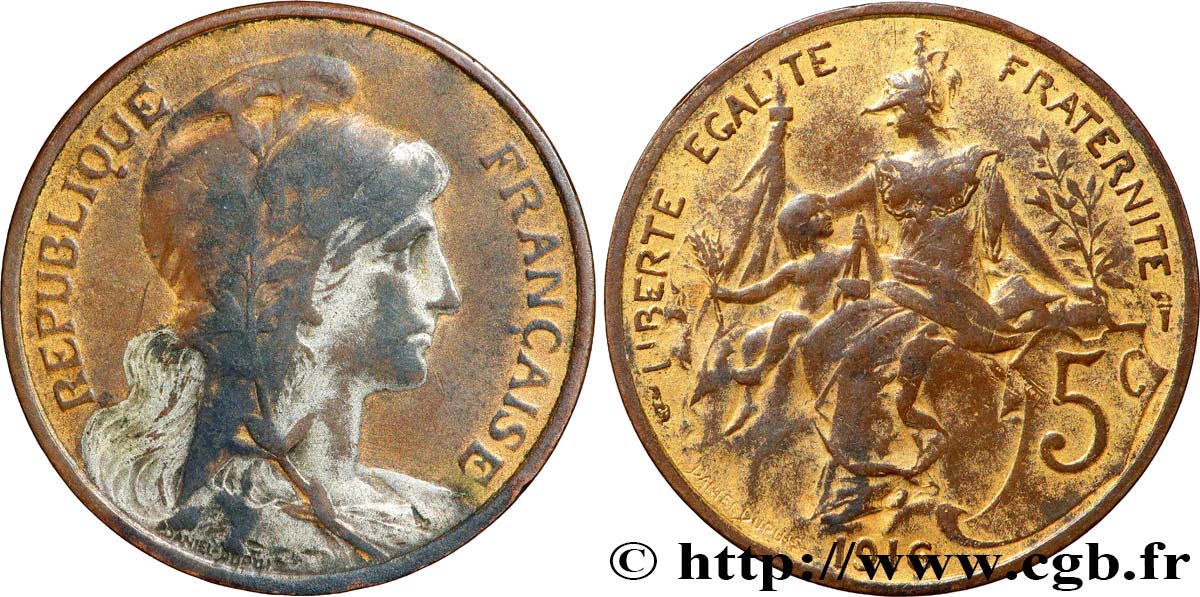 5 centimes Daniel-Dupuis, argenté et doré 1916  F.119/28 var. TB 