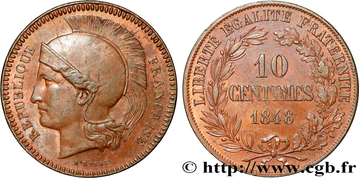 Concours de 10 centimes, essai en cuivre par Rogat, deuxième concours 1848 Paris VG.3170 var. SPL+ 