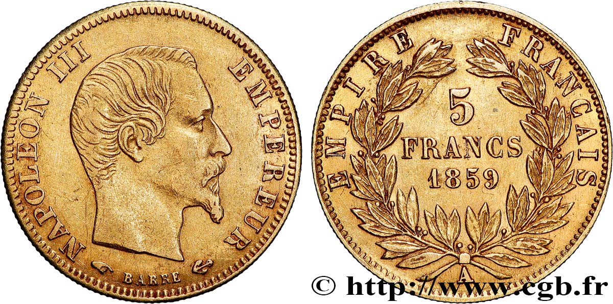 5 francs or Napoléon III, tête nue, grand module 1859 Paris F.501/7 AU 