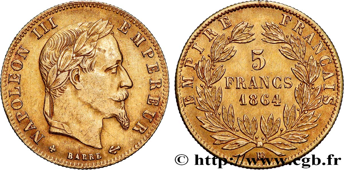 5 francs or Napoléon III, tête laurée 1864 Strasbourg F.502/6 XF/AU 