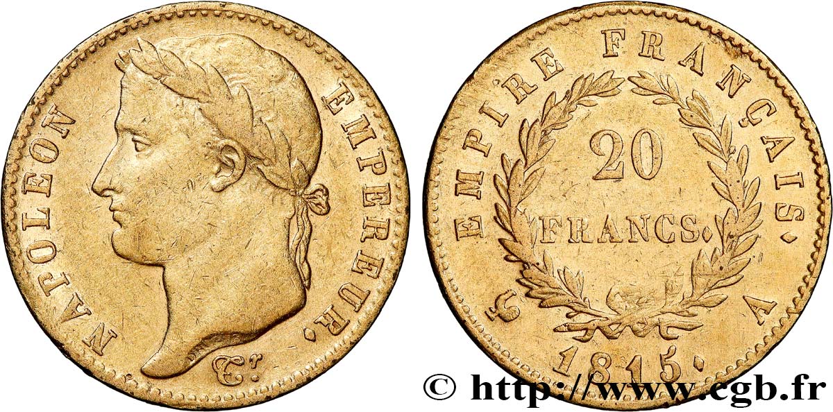 20 francs or Napoléon tête laurée, Cent-Jours 1815 Paris F.516A/1 VF 