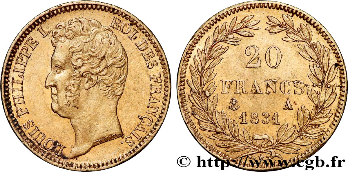 20 francs or Louis-Philippe, Tiolier, tranche inscrite en creux 1831 Paris F.524/2 AU55 
