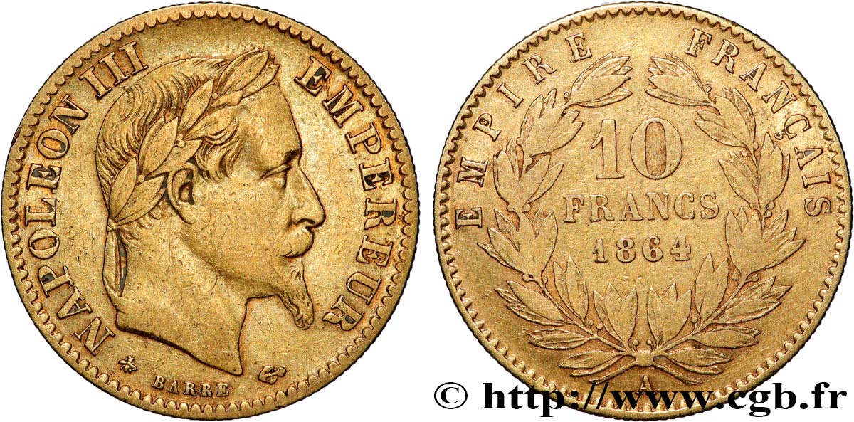10 francs or Napoléon III, tête laurée, type définitif à grand 10 1864 Paris F.507A/6 BC 