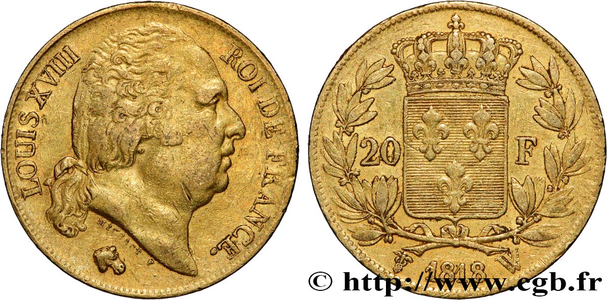 20 francs or Louis XVIII, tête nue 1818 Lille F.519/14 TTB50 